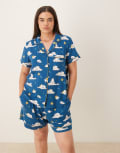 [Chelsea Peers] Chelsea Peers Curve short sleeve revere shirt and shorts pyjama set in sleepy bunny print-Navy 20 NAVY