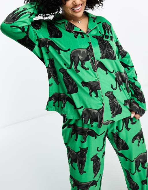 Chelsea Peers Curve velour panther print top and pants pyjama set in apple green