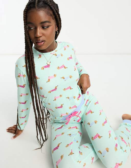 Chelsea Peers dachshund long pajama set in green