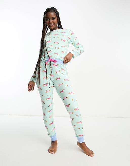 Chelsea Peers dachshund long pajama set in green