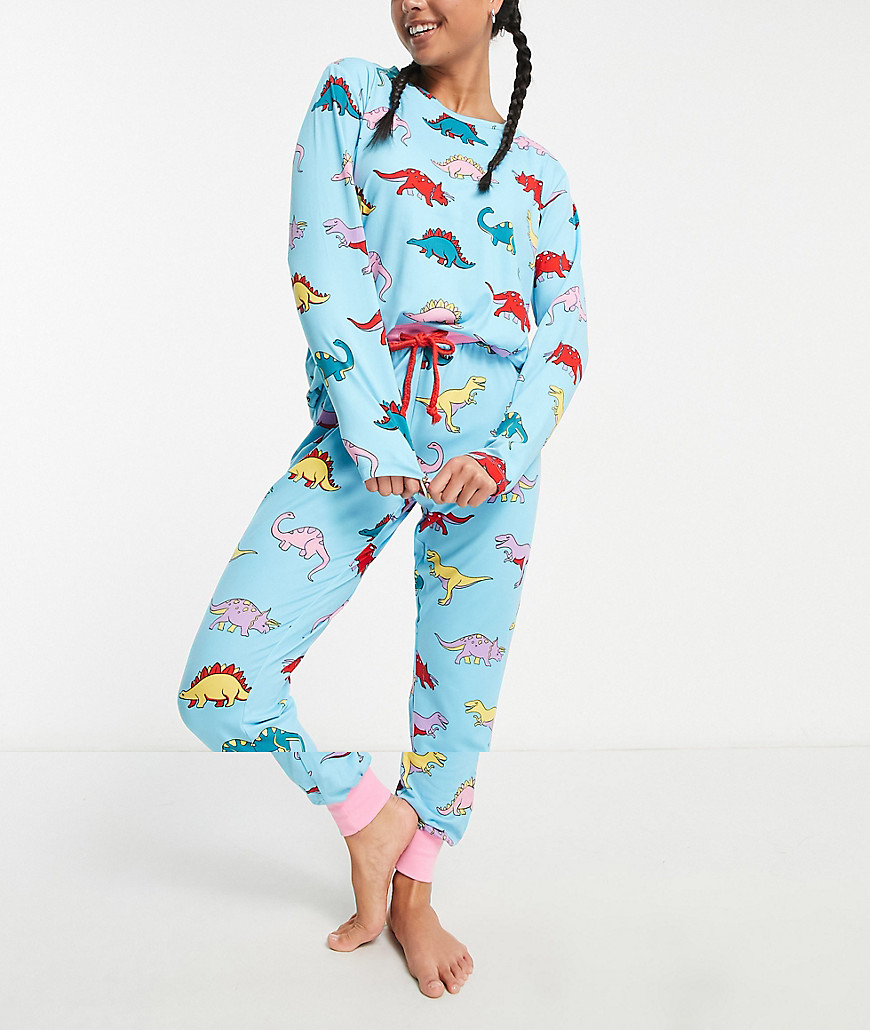 Chelsea Peers dinosaur long pajamas in blue-Navy