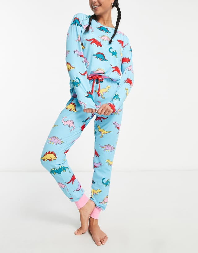 Chelsea Peers dinosaur long pajamas in blue