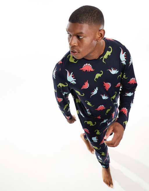 Chelsea Peers dinosaur long pyjama set in navy ASOS