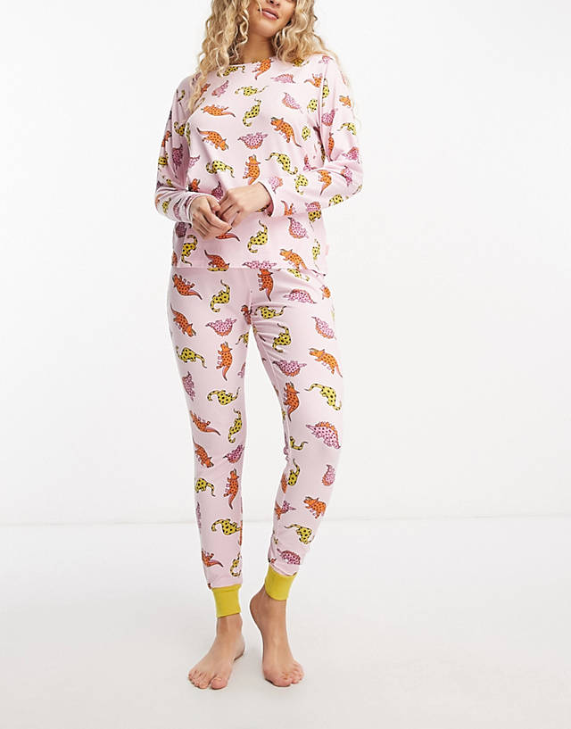 Chelsea Peers - dinosaur long pyjama set in pink