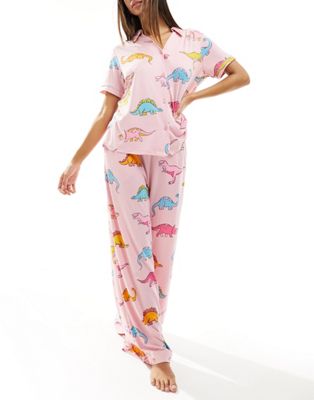 Chelsea Peers dinosaur printed button up top and long trouser set in pink