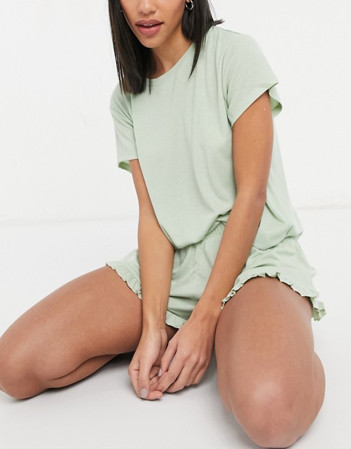 Chelsea Peers eco jersey t-shirt and short set with frill hem in sage green