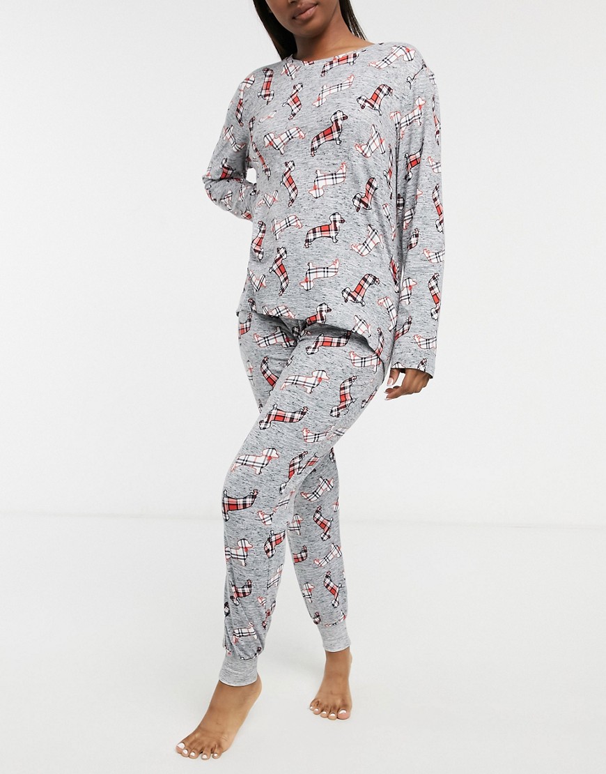 Chelsea Peers eco poly check print dachshund long pajama set in gray-Navy