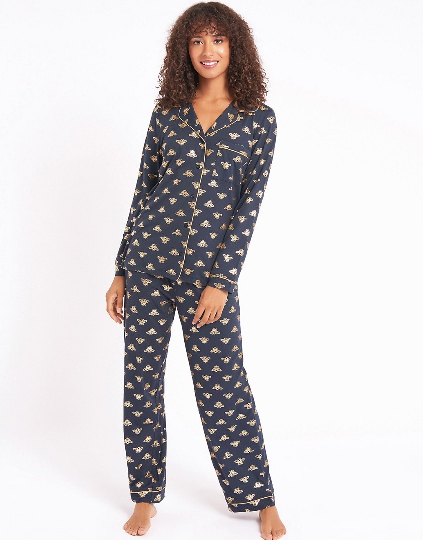 Chelsea Peers eco poly foil bee long camp collar pajama set in navy