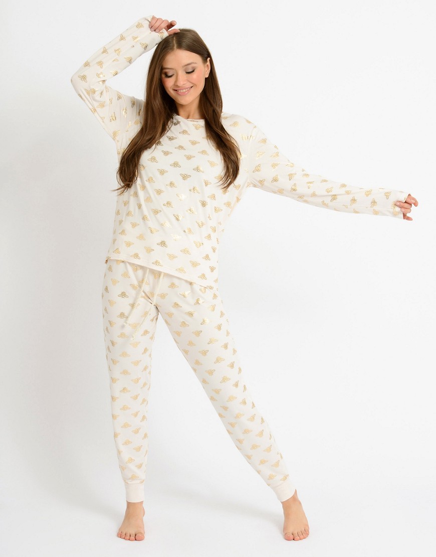 Chelsea Peers eco poly foil bee long pajama set in cream-White