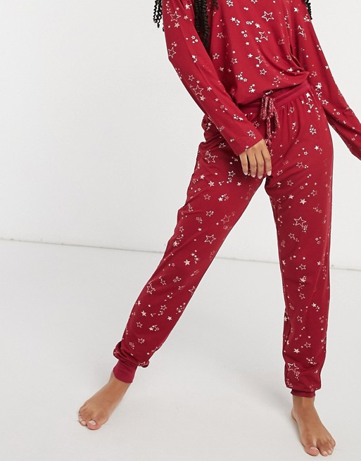 Chelsea Peers eco poly foil star long pyjama set in red