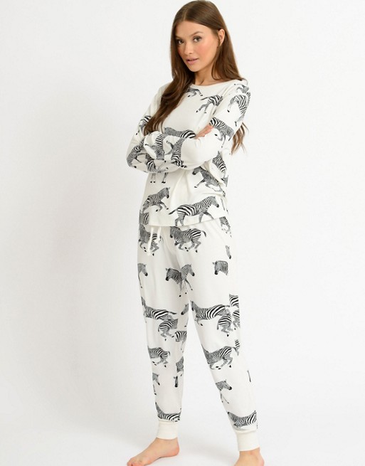 Chelsea Peers poly zebra print long pyjama set in cream - CREAM