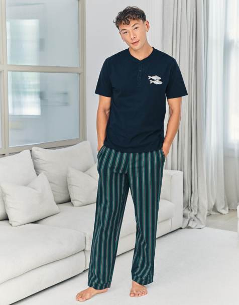 Chelsea Peers Embroidered fish henley stripe long pyjama set in navy - view 1