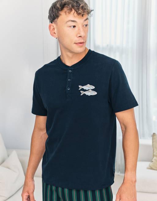 Chelsea Peers Embroidered fish henley stripe long pyjama set in navy, 2 of 4