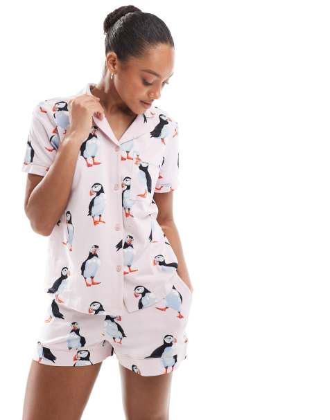 Chelsea Peers - Ensemble chemise manches courtes à revers et short en coton - Imprimé macareux - view 1