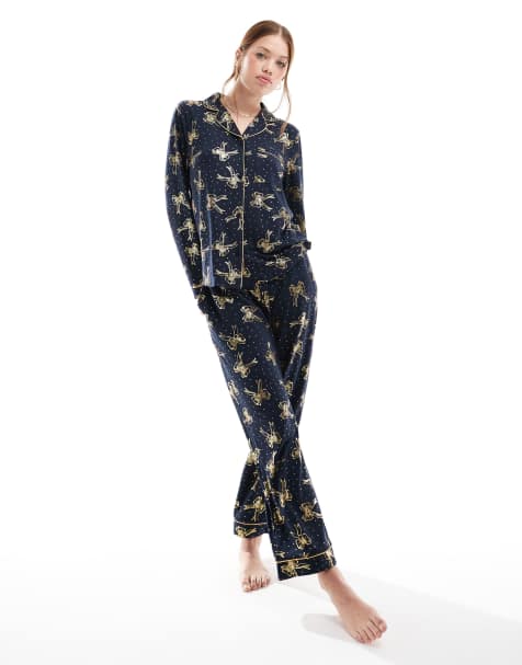 Chelsea Peers - Ensemble de pyjama à imprimé métallisé avec pantalon et chemise à revers et manches longues - Bleu marine - view 1