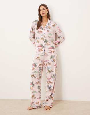 Ensemble de pyjama en jersey imprimé estival et léopards avec col à revers - Rose 36