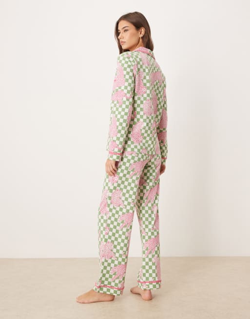 Chelsea Peers - Ensemble de pyjama en jersey imprimé léopards avec col à revers - Vert à damier, 5 de 5