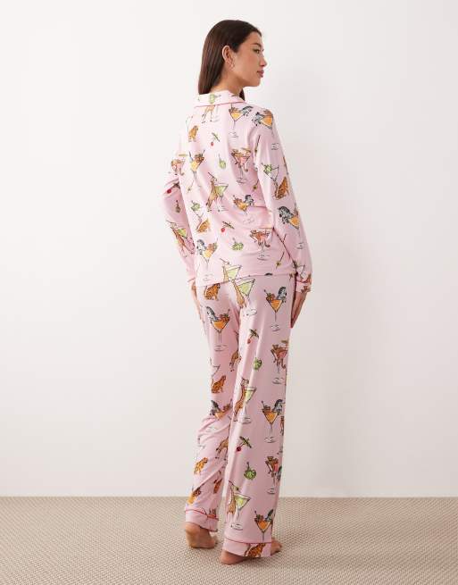 Chelsea Peers - Ensemble de pyjama long boutonné à imprimé animal et martini - Rose, 4 de 4