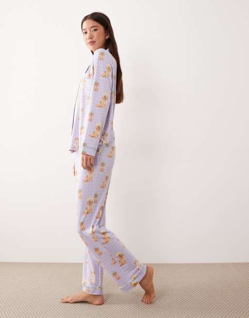 Chelsea Peers - Ensemble de pyjama long boutonné imprimé chien au spa - Lilas, 4 de 4