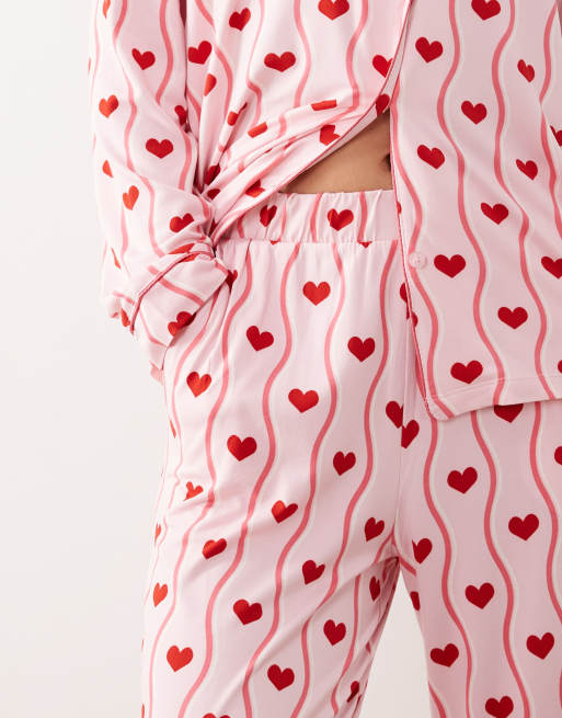 Chelsea Peers - Ensemble de pyjama long boutonné imprimé cœurs - Rose, 3 de 4
