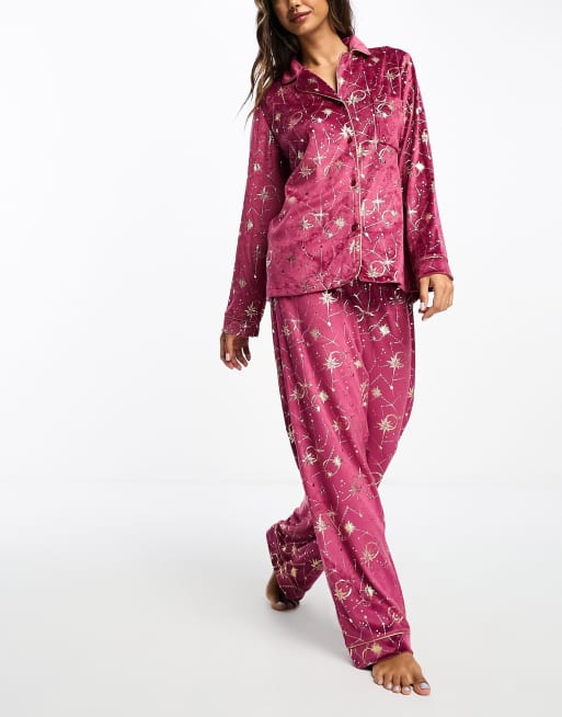 Chelsea Peers - Ensemble de pyjama long en velours à imprimé céleste - Bordeaux