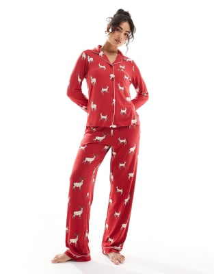 Exclusive Christmas His 
Hers long sleeve camp shirt and pants pajama set in reindeer print-Red