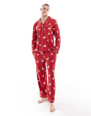 Exclusive Christmas His 
Hers long sleeve camp shirt and pants pajama set in reindeer print-Red