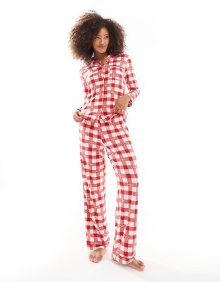 Exclusive Christmas plaid and snowflake print long sleeve top and pants pajama set in burgundy-Red