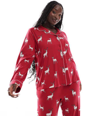 Chelsea Peers Chelsea Peers Exclusive Curve Christmas His & Hers long sleeve revere and trouser pyjama set in reindeer print-Red