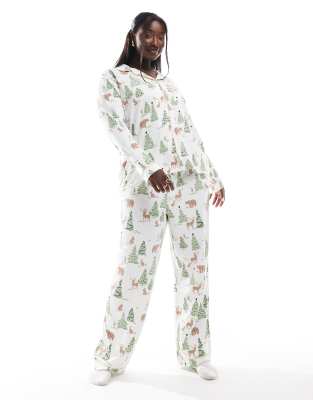 Exclusive Curve Christmas print long sleeve top and pants pajama set in cream-White