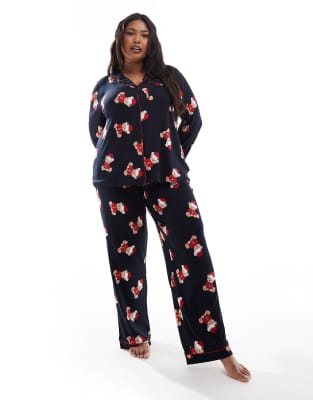 Exclusive Curve Christmas teddy print long sleeve revere and pants pajama set in navy