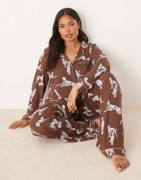 Chelsea Peers Exclusive Curve Dalmation long sleeve camp collar shirt & pants pajama set in chocolate brown - view 1