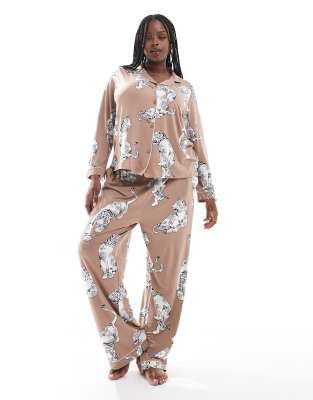 Exclusive Curve poly tiger print button long sleeve top and pants pajama set in chocolate brown