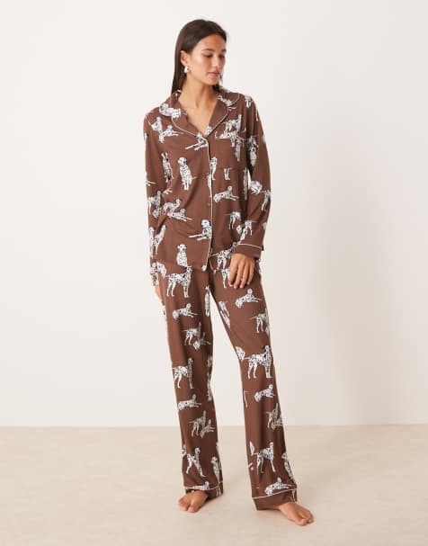 Chelsea Peers Exclusive Dalmation long sleeve revere & trouser pyjama set in chocolate brown - view 1