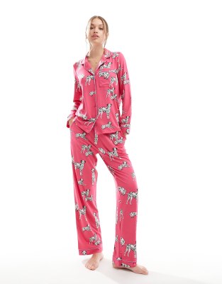 Chelsea Peers Chelsea Peers Exclusive jersey dalmation print button top and trouser pyjama set in hot pink