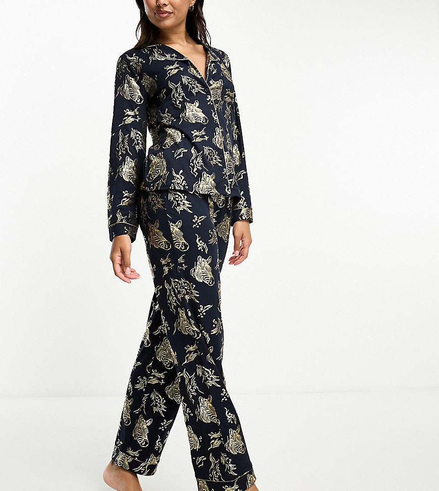 Chelsea Peers Exclusive Jersey Gold Foil Zebra Print Revere Top And Pants Pajama Set In Navy
