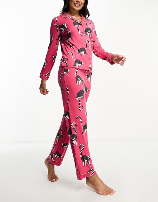 Chelsea Peers Exclusive jersey lemur print button top and trouser pyjama  set in hot pink