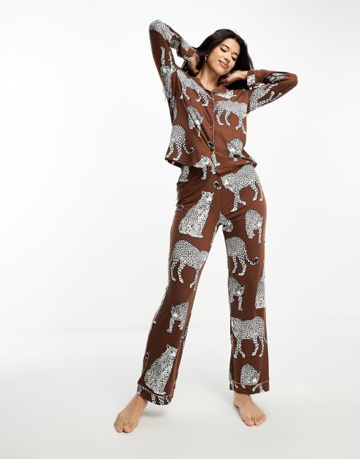 Chelsea Peers Exclusive leopard print jersey button top and pants pajama set in brown