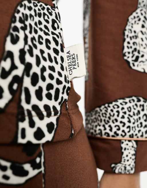 Chelsea Peers Exclusive leopard print jersey button top and trouser pyjama set in brown, 3 of 4