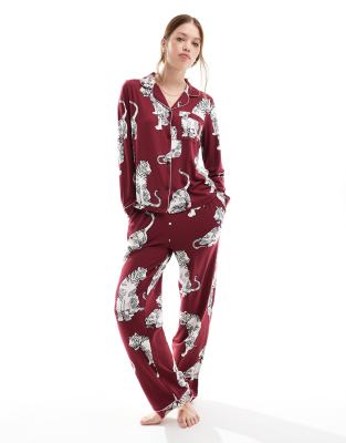 Exclusive long sleeve and pants poly pajama set in plum lotus tiger print-Red