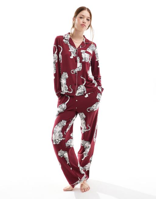 Chelsea Peers Exclusive long sleeve and pants poly pyjama set in plum lotus tiger print