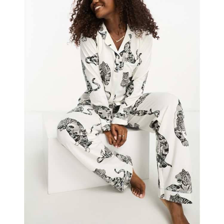 Chelsea Peers Exclusive long sleeve and trouser cotton pyjama set in cream  lotus tiger print