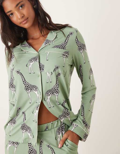 Chelsea Peers Exclusive long sleeve revere & trouser pyjama set in sage green giraffe print