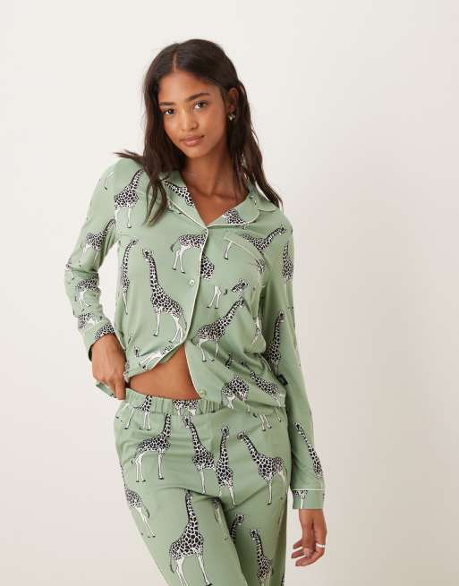 Chelsea Peers Exclusive long sleeve revere & trouser pyjama set in sage green giraffe print