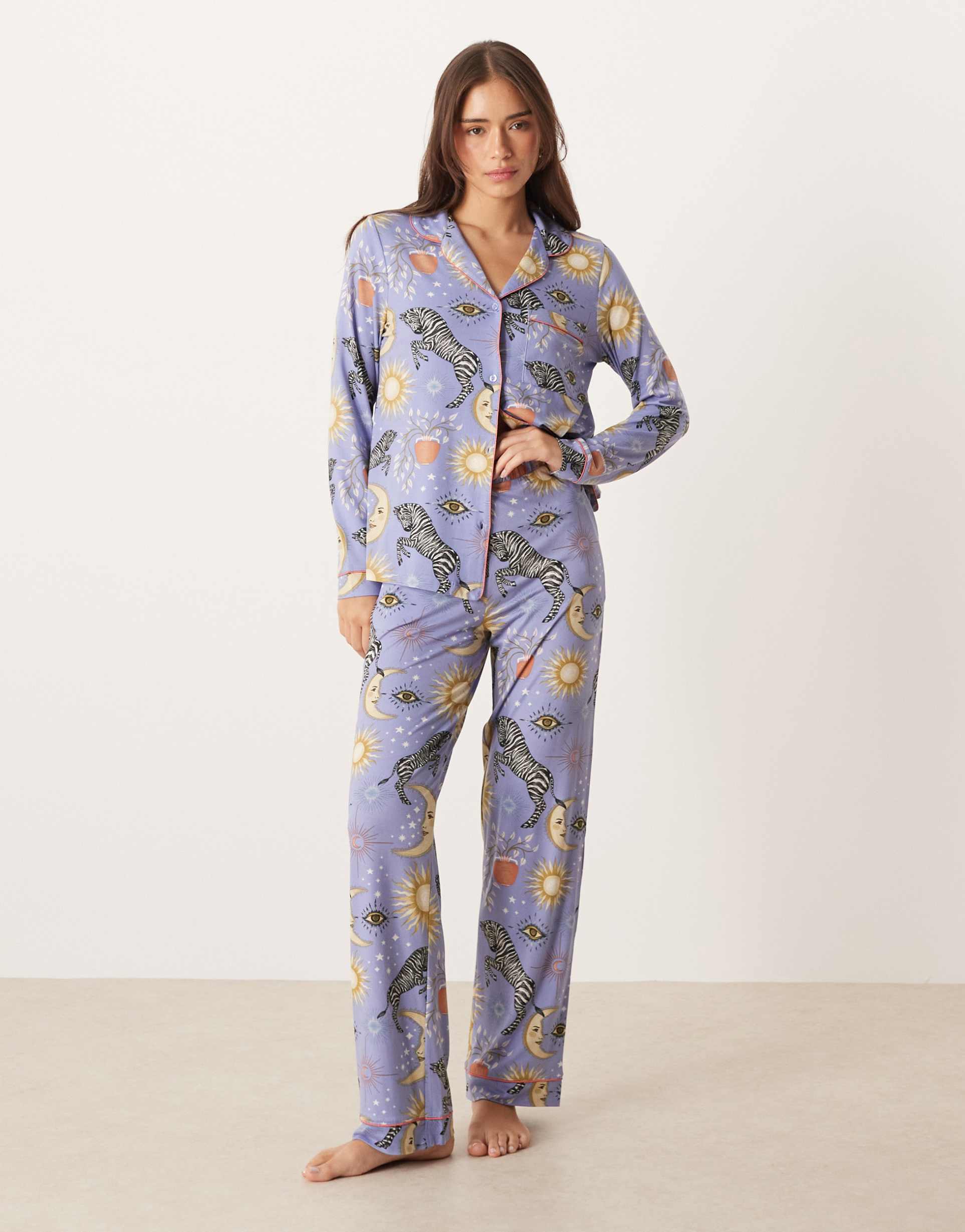 chelsea peers exclusive long sleeve shirt and pants set in lilac celestial print