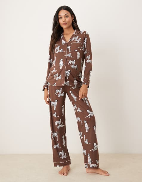 Chelsea Peers Exclusive Maternity dalmatian long sleeve revere shirt & pants pyjama set in chocolate brown - view 1