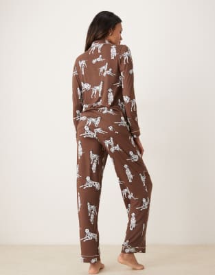 Chelsea Peers Exclusive Maternity Dalmation Long Sleeve Revere Top & Pants Pajama Set In Brown