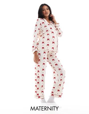 Chelsea Peers Chelsea Peers Exclusive Maternity poly Exclusive red bow print in cream-White