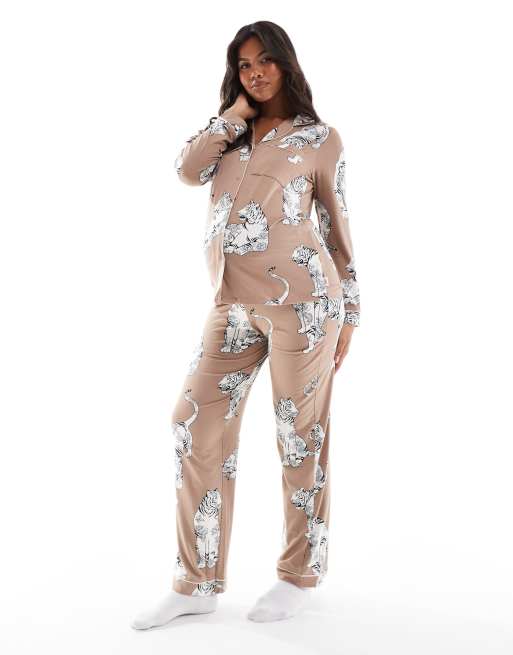 Chelsea Peers Exclusive Maternity poly tiger print button long sleeve top and pants pyjama set in chocolate brown