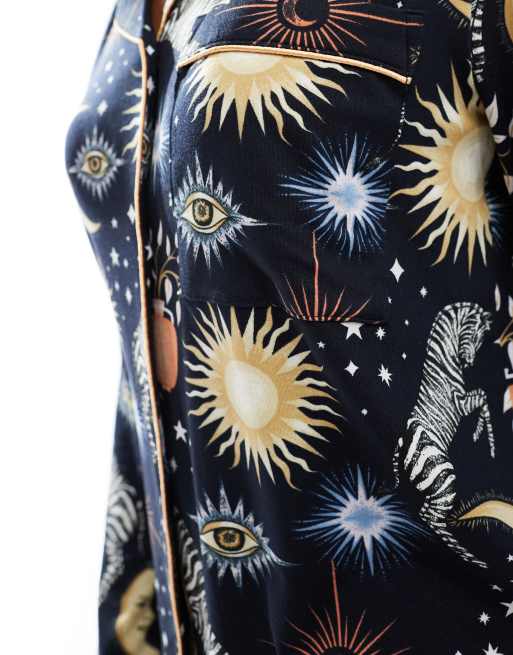 Chelsea Peers Exclusive moon and zebra print long sleeve revere and trouser pyjama set in navy, 4 of 4